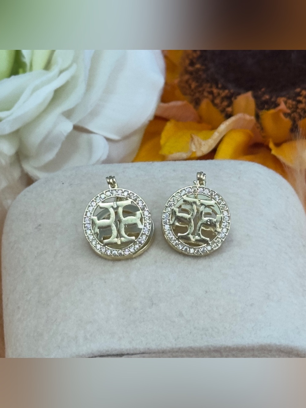 Tory Burch Round Logo Charm Earrings W/ Micro Pave Crystal Halo Hinge Clasp NEW!